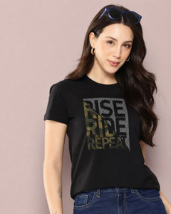 Patche Typography Women Round Neck Black T-Shirt