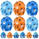 Patelai 200 Pcs Paw Bone Cupcake Liners Dog Themed Party Decorations Paw Pattern Cup Cake Holder Puppy Theme Cupcake Wrappers for Dog Birthday Party Supplies(Orange Blue)