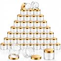 Patelai 48 Pack 2 oz Clear Plastic Jars with Gold Lids Empty Containers Round Clear Plastic Jars Wide-mouth Refillable Storage Organizers for Cosmetics Lotions Butters Slime Making and Food Storage