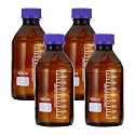 PATIKIL 4 Pack Reagent Media Storage Bottles, 1000ml Borosilicate Glass Graduated Round Bottles with GL45 Blue Screw Cap for Lab Water Reagent Liquids, Brown