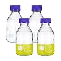PATIKIL 4 Pack Reagent Media Storage Bottles, 500ml Borosilicate Glass Graduated Round Bottles with GL45 Blue Screw Cap for Lab Water Reagent Liquids, Clear