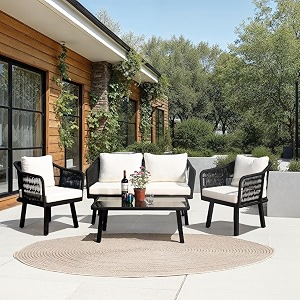 loccus 4-piece outdoor patio set  elegant rope sofa amp table with soft cushions for garden backyard porch balcony black amp off-white