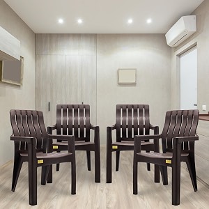 patiofy chair for living roomplastic chair set of 4 chairs for living room homeplastic chair with arm restmatte finish weight holding capacity- 200kgs spine pack of 4- brown