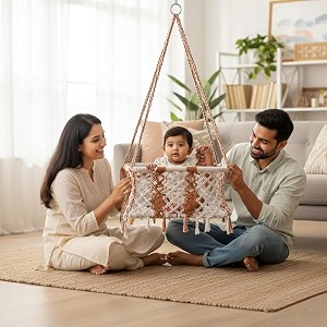 patiofy baby swing for kids  non-toxic material  indoor amp outdoor use  adjustable design  safely made with strong wooden frame  age 6 months to 2 years  rectangle shape - white-brown