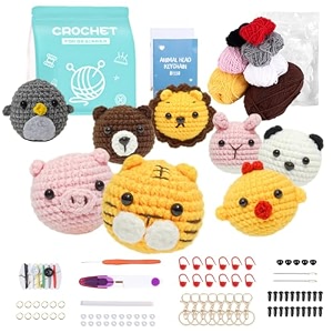 patpat cotton diy crochet craft kit - 8pcs cartoon stuffed animal keychain charm material for beginners with instruction and video tutorial multicolor