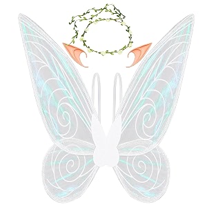 patpat fairy wings for girls for kids 5 yearsbutterfly wings for baby girl butterfly theme birthday party decorations with elf ears angel wings flower garland for decorationhalloween costumewhite