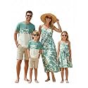 PATPAT Family Matching Outfits Mommy and Me Dresses Hawaiian Tropical Vacation Beach Spaghetti Strap Dress and Shirt