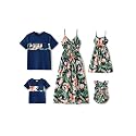 PATPAT Family Matching Outfits Mommy and Me Dresses Hawaiian Tropical Vacation Beach Spaghetti Strap Dress and Shirt
