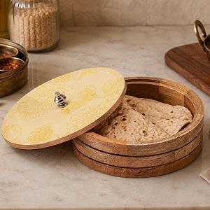 patra roti box  handcrafted mango wood chapati amp paratha storage box with lid amp metal knob  wooden hot box for kitchen amp dining  serving box  natural finish  875 x 875 x 45 inch