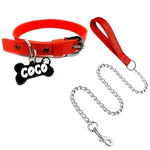 pawpro personalized dog collar and leash set with custom bone name tag  adjustable nylon belt for small medium amp large dogs durable chain leash for safe walks red medium