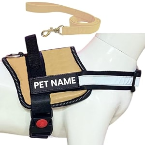 customized dog harness and leash with name  personalized body belt for dogs no pull adjustable xl khaki for 35 kilograms dogs
