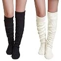 Pcavin Thigh High Socks for Women Cable Knit Over the Knee Boot Socks, Long Warm Leg Warmers Winter(Whit&Black)