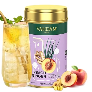 peach ginger iced tea instant premix 150 g 60 servings  lightly sweetened iced tea  fruity peach amp zingy ginger  best for mocktails amp cocktails  packed in tin caddy  vahdam