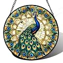 Peacock in Feather Halo Stained Glass Window Hanging Suncatcher Gifts 15"
