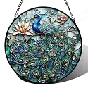 Peacock and Lotus Stained Glass Window Hanging Suncatcher Gifts Decor 15"