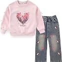 Peacolate 5-12Years Spring Fall Clothingsets Kid Little&amp;Big Girls Pullover Long Sleeve T Shirt and Embroider Butterfly Jeans