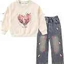 Peacolate 5-12Years Spring Fall Clothingsets Kid Little&amp;Big Girls Pullover Long Sleeve T Shirt and Embroider Butterfly Jeans