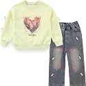Peacolate 5-12Years Spring Fall Clothingsets Kid Little&amp;Big Girls Pullover Long Sleeve T Shirt and Embroider Butterfly Jeans