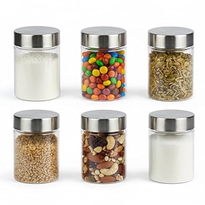 pearlpet plus range plastic storage jars amp containers for kitchen stackable air tight steel cap jar set of 6 food grade boxes for kitchen storage  bpa-free 6 pieces of 300 mltransparent