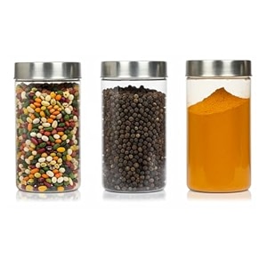 pearlpet plus range plastic storage containers for kitchen airtight  steel cap jar set of 3 food grade boxes for storing  bpa- free stackable  2700 ml brown