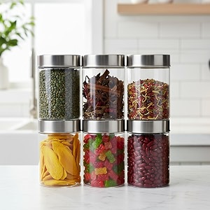 pearlpet plus range plastic storage jars amp containers for kitchen stackable air tight steel cap jar set of 6 food grade boxes for kitchen storage  bpa-free 6 pieces of 750 mltransparent