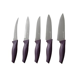 pearlpet premium kitchen knife set of 5 tomato utility vegetable regular and large chef knives  stainless steel knife for kitchen use  sharp  durable  kitchen knives chaku purple