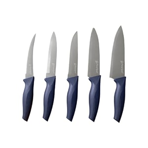 pearlpet premium kitchen knife set of 5 tomato utility vegetable regular and large chef knives  stainless steel knife for kitchen use  sharp  durable  kitchen knives chaku dark blue