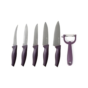 pearlpet premium kitchen knife set of 6 peeler tomato utility vegetable regular and large chef knives  stainless steel knife for kitchen use  sharp  durable  kitchen knives chaku purple