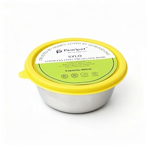 pearlpet sylo stainless steel bowl 900 ml  airtight food storage bowl with bpa-free lid  rust-proof hygienic amp leak-proof container for kitchen lunch amp travel yellow