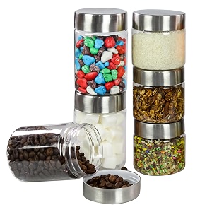 pearlpet plus range plastic storage containers for kitchen airtight  steel cap jar set of 6 food grade boxes for storing  bpa - free stackable  200 ml - 3 pcs 300 ml - 3 pcs clear