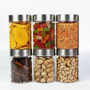 pearlpet plus range plastic storage jars amp containers for kitchen stackable air tight steel cap jar set of 6 food grade boxes for kitchen storage  bpa-free 6 pieces of 1400 mltransparent