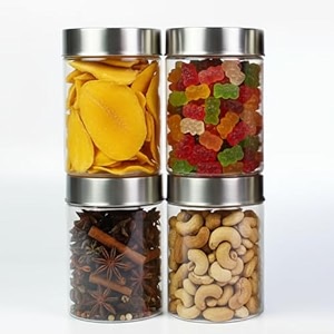 pearlpet plus range plastic storage jars amp containers for kitchen stackable air tight steel cap jar set of 4 food grade boxes for kitchen storage  bpa-free 4 pieces of 1000 mltransparent