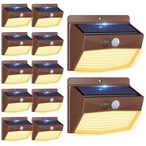 peasur 12 packs solar outdoor lights motion sensor solar security light waterproof with 3 lighting modes solar powered wall lights outside for garden fence yard brown warm