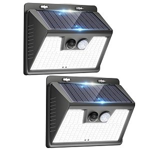 peasur 2 pack solar lights outdoor motion sensor 140 led solar powered fence wall light waterproof 3 modes solar security lighting for outside yard deck garden stair step