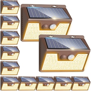 peasur solar lights outdoor motion sensor 12pack 140led waterproof solar powered fence lights 3 modes solar security wall lights for garden yard outsidebrown warm white