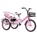 Pedal tricycles for Age 3-10,Cruiser Trike with Single Brake,Tandem trikes with Rear Passenger seat,tricycles for Daily Riding,3 Wheels,Rickshaw for Children, pink-16inch