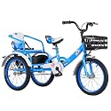 Pedal tricycles for Age 3-10,Cruiser Trike with Single Brake,Tandem trikes with Rear Passenger seat,tricycles for Daily Riding,3 Wheels,Rickshaw for Children, blue-18inch