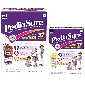 pediasure health and nutrition drink powder 1kg premium chocolate flavour complete amp balanced nutrition for kids growth - value pack amp health and nutrition drink powder 400g vanilla delight flavour