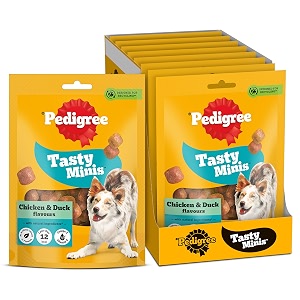 pedigree tasty minis adult dog treats chicken amp duck flavour chunks 130 g pack of 8  contains omega 3 vitamin e amp calcium