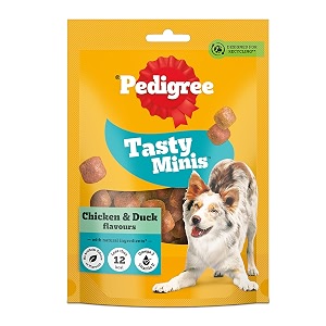 pedigree tasty minis adult dog treats chicken amp duck flavour chunks 130 g contains omega 3 vitamin e amp calcium