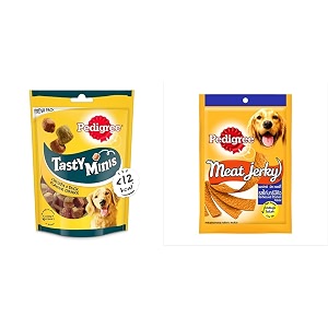pedigree tasty minis cubes adult dog treat chicken amp duck flavour chunks - 130 g pack amp adult dog treat sticks meat jerky stix barbeque chicken 80 g pouch