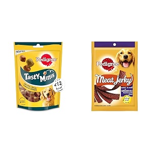pedigree tasty minis treats for adult dogs chicken amp duck flavour chunks 130gamppedigree meat jerky treats for adult dogs roasted lamb flavour 80g pouch