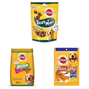 pedigree tasty minis treats for adult dogs chicken amp duck flavour chunks 130g amp meat jerky treats for dogs barbecued chicken flavour 80g amp biscrok biscuit treats milk amp chicken flavour 500g