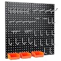 Peg Board, 68PCS Heavy Duty Metal Pegboard with Hooks, 4 Pack Black Peg Board Panels, 50lbs Load Capacity Each, Pegboard Wall Organizer for Garage, Workshop, Craft Rooms Total 24” x 24”
