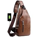 Peicees Leather Sling Bag Mens Crossbody Bag Chest Bag Sling Backpack for Men with USB Charge Port
