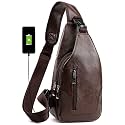 Peicees Leather Sling Bag Mens Crossbody Bag Chest Bag Sling Backpack for Men with USB Charge Port