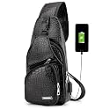 Peicees Leather Sling Bag Mens Crossbody Bag Chest Bag Sling Backpack for Men with USB Charge Port