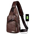 Peicees Leather Sling Bag Mens Crossbody Bag Chest Bag Sling Backpack for Men with USB Charge Port