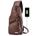 Peicees Leather Sling Bag Mens Crossbody Bag Chest Bag Sling Backpack for Men with USB Charge Port
