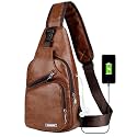 Peicees Leather Sling Bag Mens Crossbody Bag Chest Bag Sling Backpack for Men with USB Charge Port